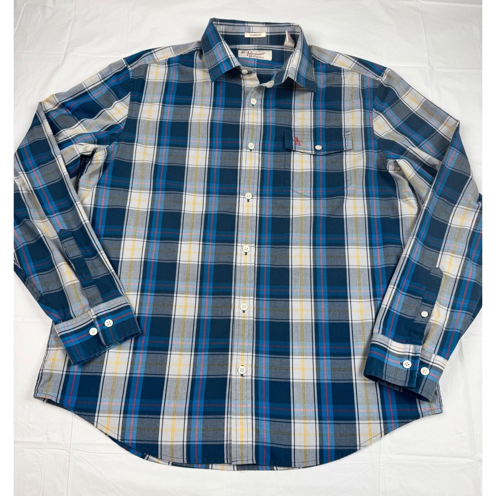Original Penguin Mens Plaid Button Down Shirt Blue Plaid Large‎ Classic Fit